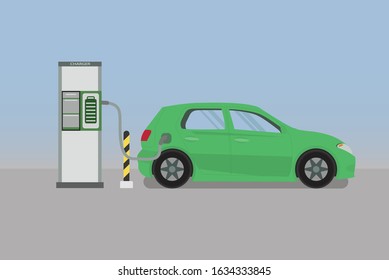 Green electric car charging in charger station