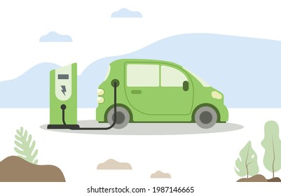 Carga de coche eléctrico verde en la estación de cargadores. ilustración de vector plano ecológica