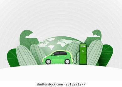 Auto eléctrico verde cargando en la estación de cargadores en la calle con tierra verde en el fondo. Concepto de energía sostenible y energía alternativa, ilustración vectorial.