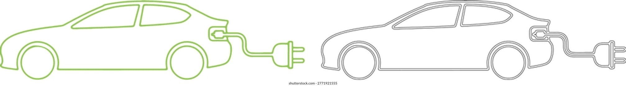 Green electric car charging with plug and cable outline
