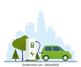 Green electric car charging, side view. Modern urban landscape with high-rise buildings skyscrapers, landscape, trees. Ecologically clean transport, eco-city. Vector illustration