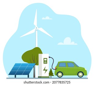 Carga de coche eléctrico verde, vista lateral. Transporte ecológicamente limpio, ecociudad. Cargador eléctrico de coches en la estación de carga frente a los paneles solares y turbinas eólicas. Ilustración del vector