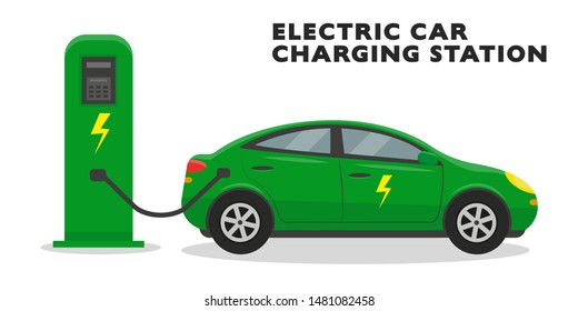 Green electric car at the charging station isolated on the white background. Eco design concept. Vector illustration.