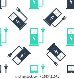 Green Electric car charging station icon isolated seamless pattern on white background. Eco electric fuel pump sign. Vector.