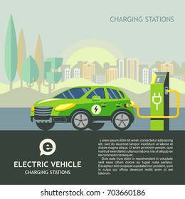 Green electric car at charging station. The background of urban landscape. 