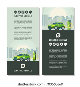 Green electric car at charging station. Service electric vehicles. Vector illustration, flyer.