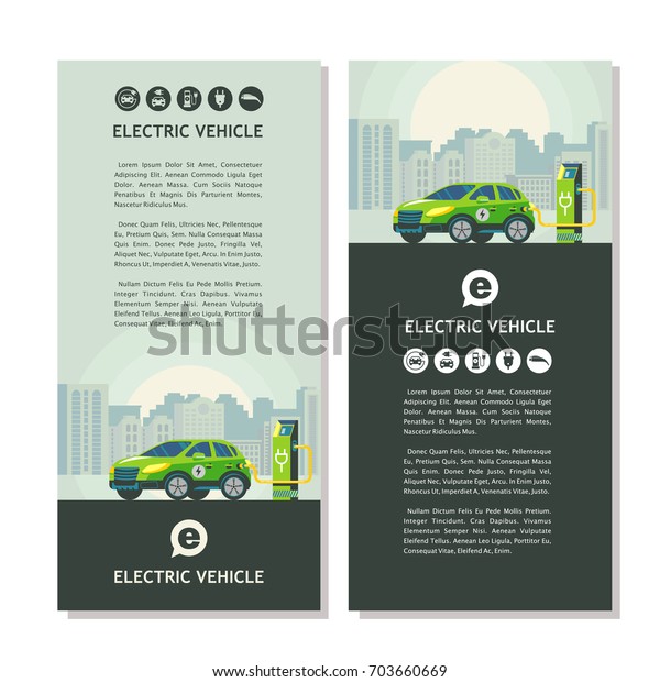 Green electric car at charging\
station. Service electric vehicles. Vector illustration,\
flyer.