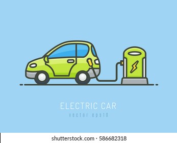 Green Electric Car Charging Vector Illustration In Flat Linework Style