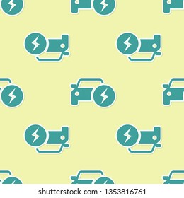 Green Electric car and electrical cable plug charging icon isolated seamless pattern on yellow background. Renewable eco technologies. Flat design. Vector Illustration