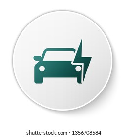 Green Electric car and electrical cable plug charging icon isolated on white background. Renewable eco technologies. Green circle button. Vector Illustration