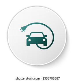 Green Electric car and electrical cable plug charging icon isolated on white background. Renewable eco technologies. Green circle button. Vector Illustration