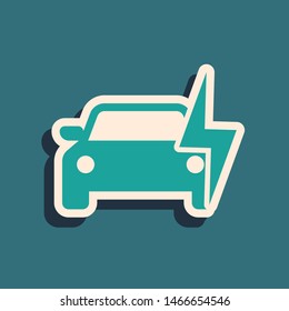 Green Electric car and electrical cable plug charging icon isolated on blue background. Renewable eco technologies. Long shadow style. Vector Illustration