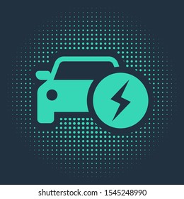 Green Electric car and electrical cable plug charging icon isolated on blue background. Renewable eco technologies. Abstract circle random dots. Vector Illustration