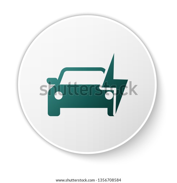 Green Electric car and electrical\
cable plug charging icon isolated on white background. Renewable\
eco technologies. Green circle button. Vector\
Illustration