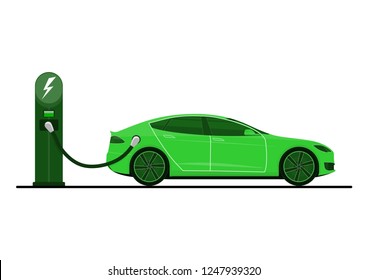 Green electric car on charging station. Electric car in use. Side view. Flat vector.
