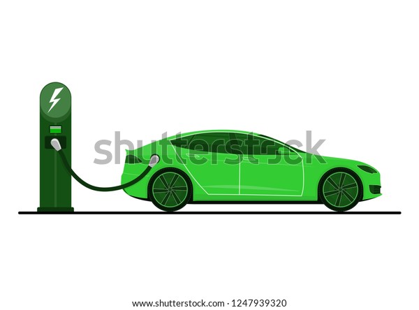 Green electric car on charging station.\
Electric car in use. Side view. Flat\
vector.