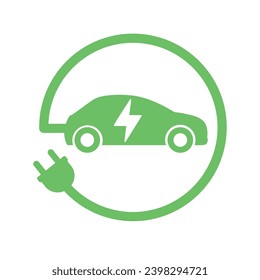 Green Electric Car With Plug Charging Symbol. Electric Vehicle Icon. EV Cars Icons. Charging Station Road Sign. Renewable Eco Technologies