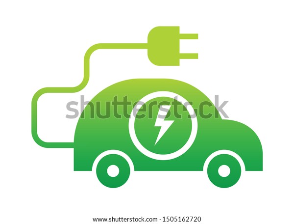 Green electric car with plug icon symbol, EV\
car hybrid vehicles charging point logotype, Eco friendly vehicle\
concept, Vector\
illustration