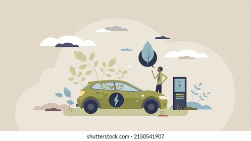 Green electric car with sustainable power consumption tiny person concept. Alternative energy for automobile charging as environmental friendly solution vector illustration. Hybrid vehicle battery.