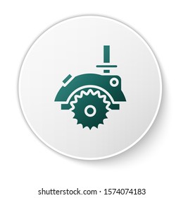 Green Electric circular saw with steel toothed disc icon isolated on white background. Electric hand tool for cutting wood or metal. White circle button. Vector Illustration