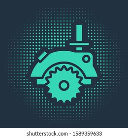 Green Electric circular saw with steel toothed disc icon isolated on blue background. Electric hand tool for cutting wood or metal. Abstract circle random dots. Vector Illustration