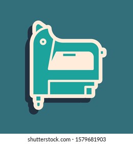 Green Electric construction stapler icon isolated on blue background. Working tool. Long shadow style. Vector Illustration