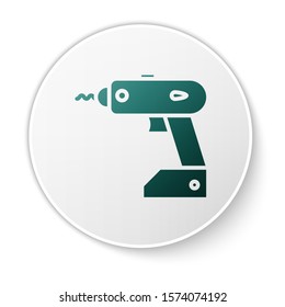 Green Electric cordless screwdriver icon isolated on white background. Electric drill machine. Repair tool. White circle button. Vector Illustration