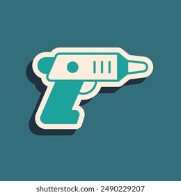 Green Electric cordless screwdriver icon isolated on green background. Electric drill machine. Repair tool. Long shadow style. Vector