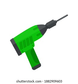 Green electric drill isolated on white background. Screwdriver with battery. Vector illustration, flat design, cartoon.