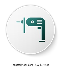 Green Electric drill machine icon isolated on white background. Repair tool. White circle button. Vector Illustration