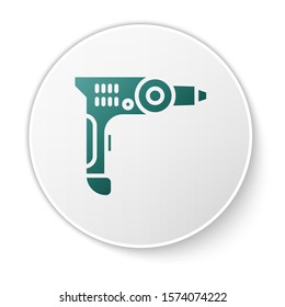 Green Electric drill machine icon isolated on white background. Repair tool. White circle button. Vector Illustration