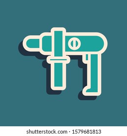 Green Electric drill machine icon isolated on blue background. Repair tool. Long shadow style. Vector Illustration