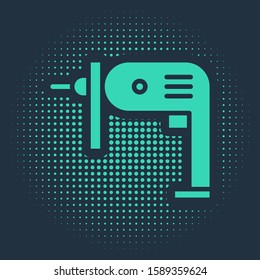 Green Electric drill machine icon isolated on blue background. Repair tool. Abstract circle random dots. Vector Illustration