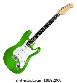 Green electric guitar, classic.
Realistic 3D image. Vector detailed illustration isolated on a white background.