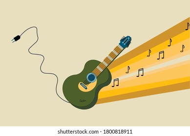 Green electric guitar making sounds of music. Bass guitar. Vector illustration of a guitar.