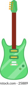 Green electric guitar standing upright with a brown neck and golden tuning pegs, exuding a vibrant energy, embodying the essence of music, rock, and entertainment culture