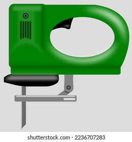 Green Electric Jig Saw. Electric device for the home repair. Household instrument. Isolated vector illustration in flat style. EPS