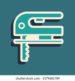 Green Electric jigsaw with steel sharp blade icon isolated on blue background. Power tool for woodwork. Long shadow style. Vector Illustration