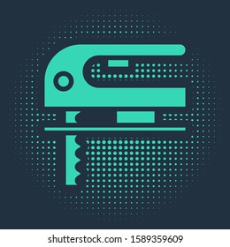 Green Electric jigsaw with steel sharp blade icon isolated on blue background. Power tool for woodwork. Abstract circle random dots. Vector Illustration