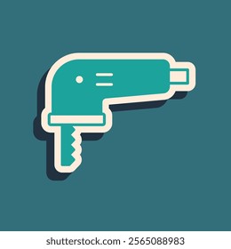 Green Electric jigsaw with steel sharp blade icon isolated on green background. Power tool for woodwork. Long shadow style. Vector