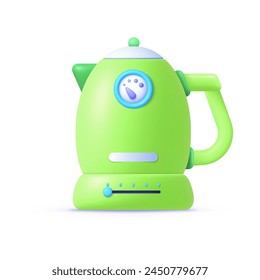 Green electric kettle 3d in modern style on light background. Vector illustration