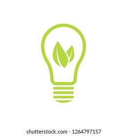 Green electric light bulb with freen leaf. Eco shining electric light. Fl;at. Vector.