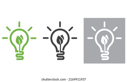 Green electric light bulb with green leaf in three versions, icon, sticker.