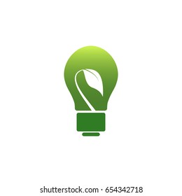 Green electric light bulb with white leaf and curved stem. Isolated on White. Flat icon. Vector illustration.