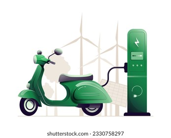 Green electric motorcycle charging from a power source. Concept of ecology and vehicles. Vector illustration