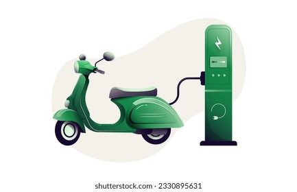 Green electric motorcycle charging from a power source. Concept of ecology and vehicles. Vector illustration