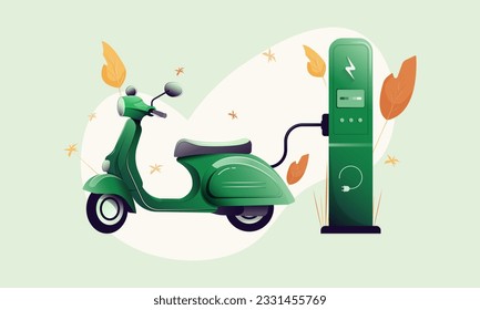 Green electric motorcycle charging from a power source. Concept of ecology and vehicles. Vector illustration