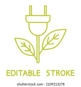 Green electric plug. Eco energy. Leaf shape with plug. Renewable and clean energy. Editable stroke. Eco friendly charging symbol