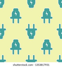 Green Electric plug icon isolated seamless pattern on yellow background. Concept of connection and disconnection of the electricity. Flat design. Vector Illustration