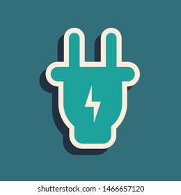Green Electric plug icon isolated on blue background. Concept of connection and disconnection of the electricity. Long shadow style. Vector Illustration
